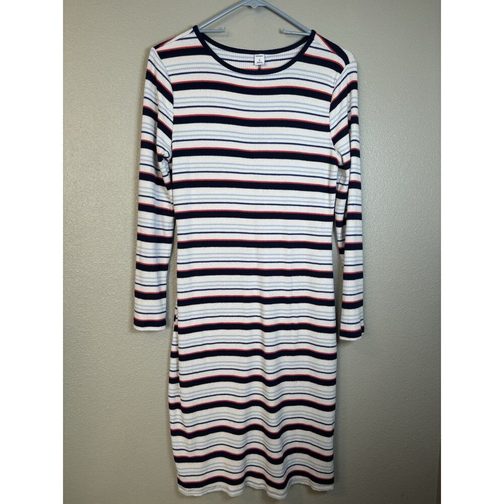 Old Navy Ribbed Body Con Dress Red White Blue Striped Medium Midi‎ Long Sleeve